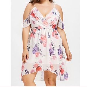 Plus Size Floral Print White Cold Shoulder Dress